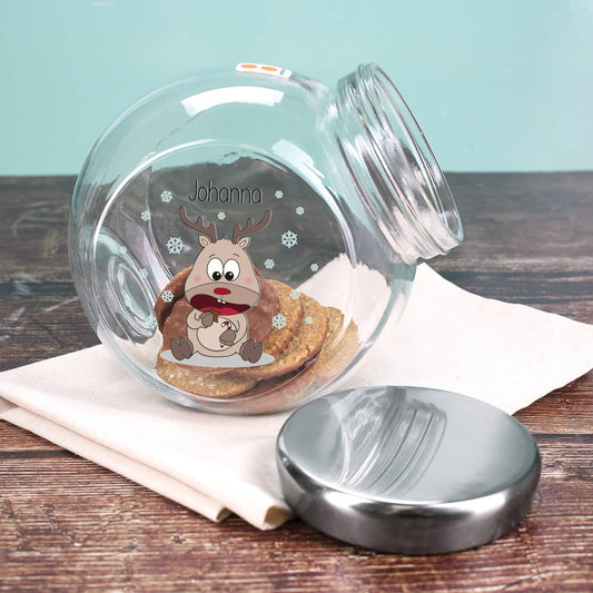 Keksdose aus Glas mit niedlichem Rentier und Ihrem Wunschnamen