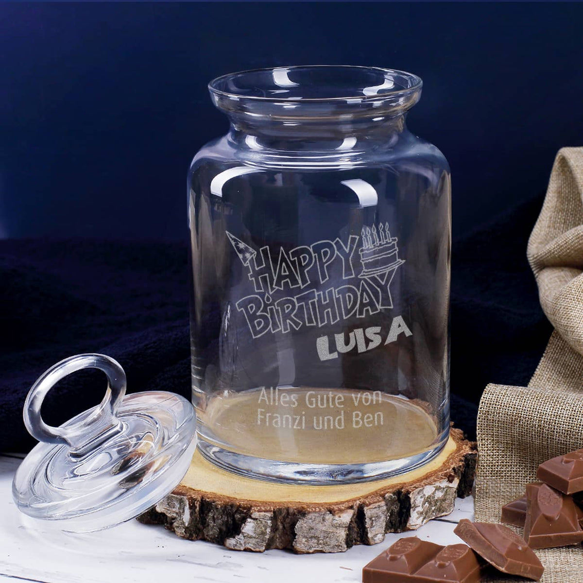 Glasdose mit Glasdeckel zum Geburtstag mit Gravur 