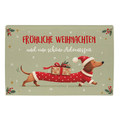 Toffifee Adventskalender mit Dackel im Weihnachtsoutfit und Schriftzug Fröhliche Weihnachten