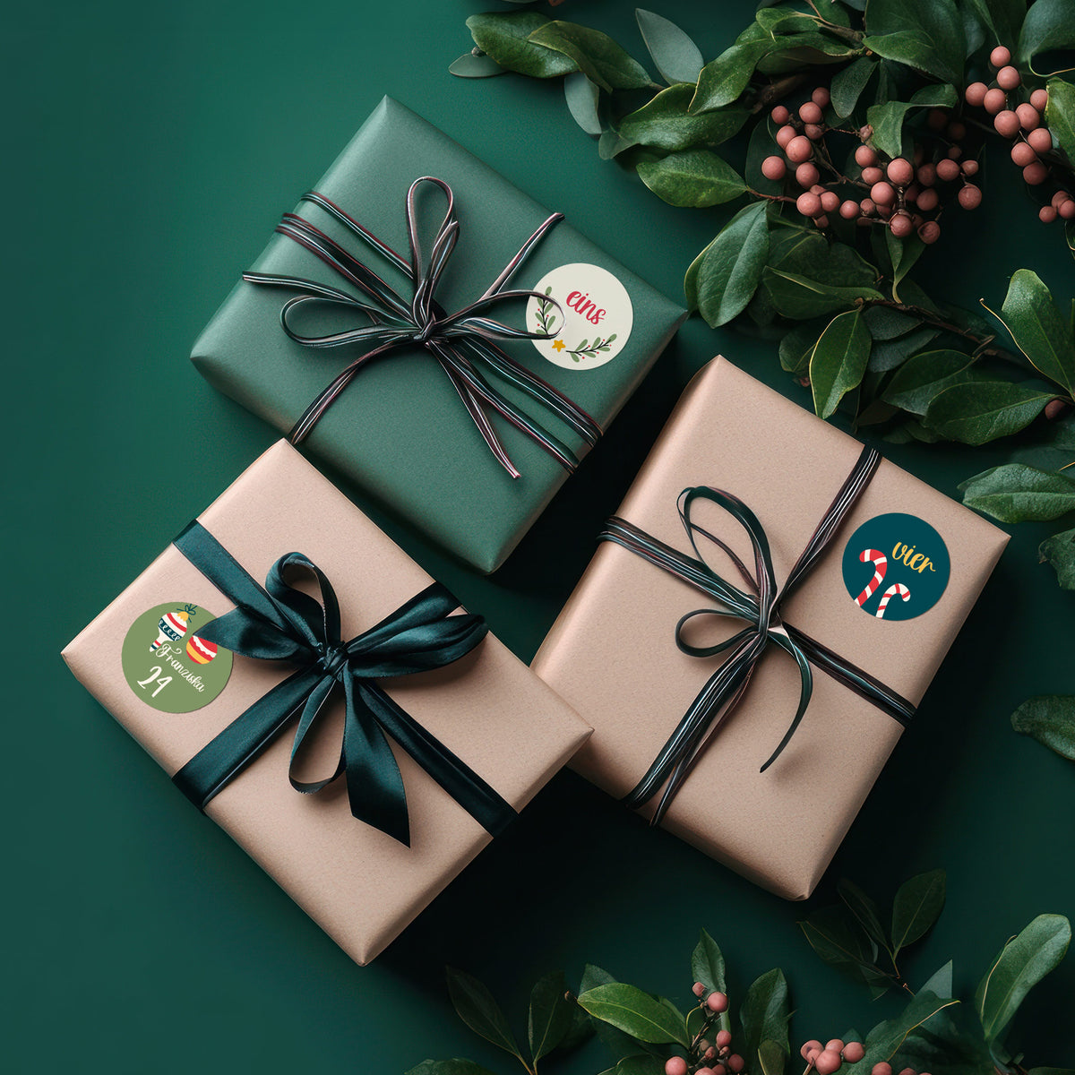 Drei festlich verpackte Geschenke mit Aufklebern „1“, „4“ und „24“ mit Weihnachtsmotiven