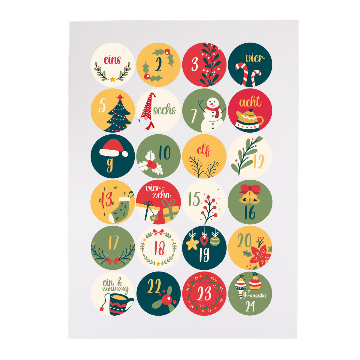 Freigestellter Bogen mit 24 runden Aufklebern für DIY-Adventskalender