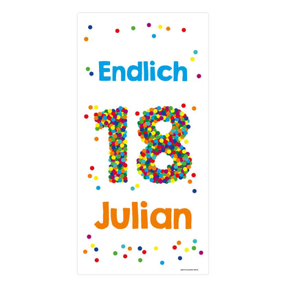 XL Banner zum 18. Geburtstag mit großer Konfettizahl, Name und Wunschtext