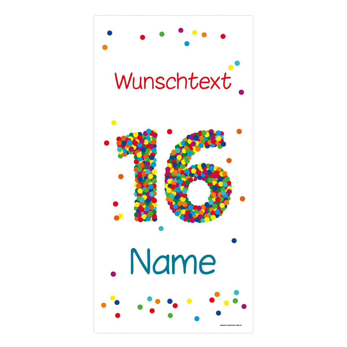 Banner XL zum 16. Geburtstag mit Konfettizahl, Wunschname und Wunschtext