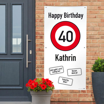  XXL-Banner zum 40. Geburtstag mit Verkehrszeichen und Name
