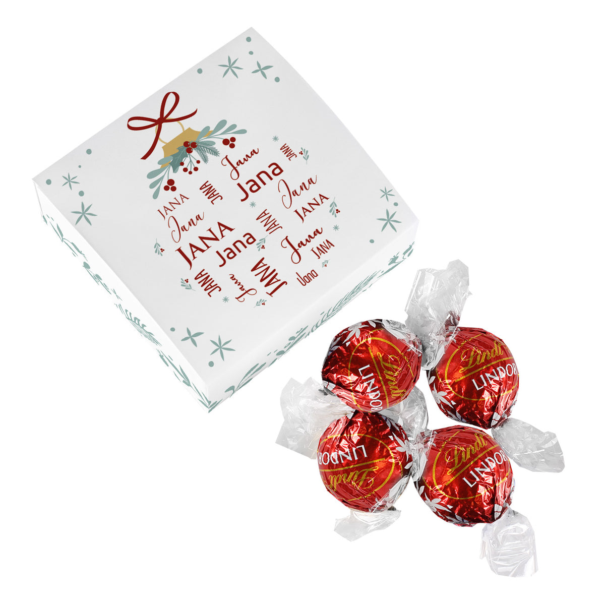 Pralinen Weihnachten - Faltschachtel mit Name und 4 Lindorkugeln