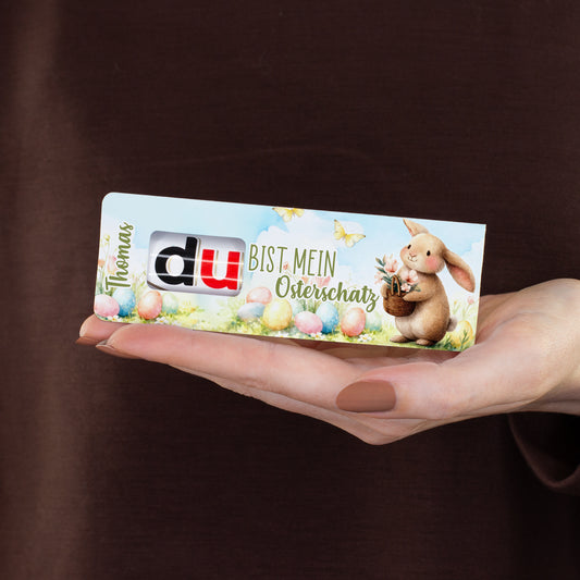 Oster Schokoriegel mit duplo Riegel in personalisierter Verpackung mit niedlichem Osterhasen und Ostereiern