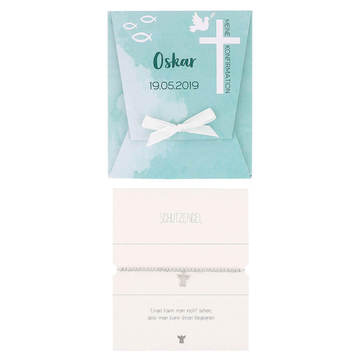 Schutzengel Armband zur Konfirmation in personalisierter Geschenkverpackung in Türkis freigestellt
