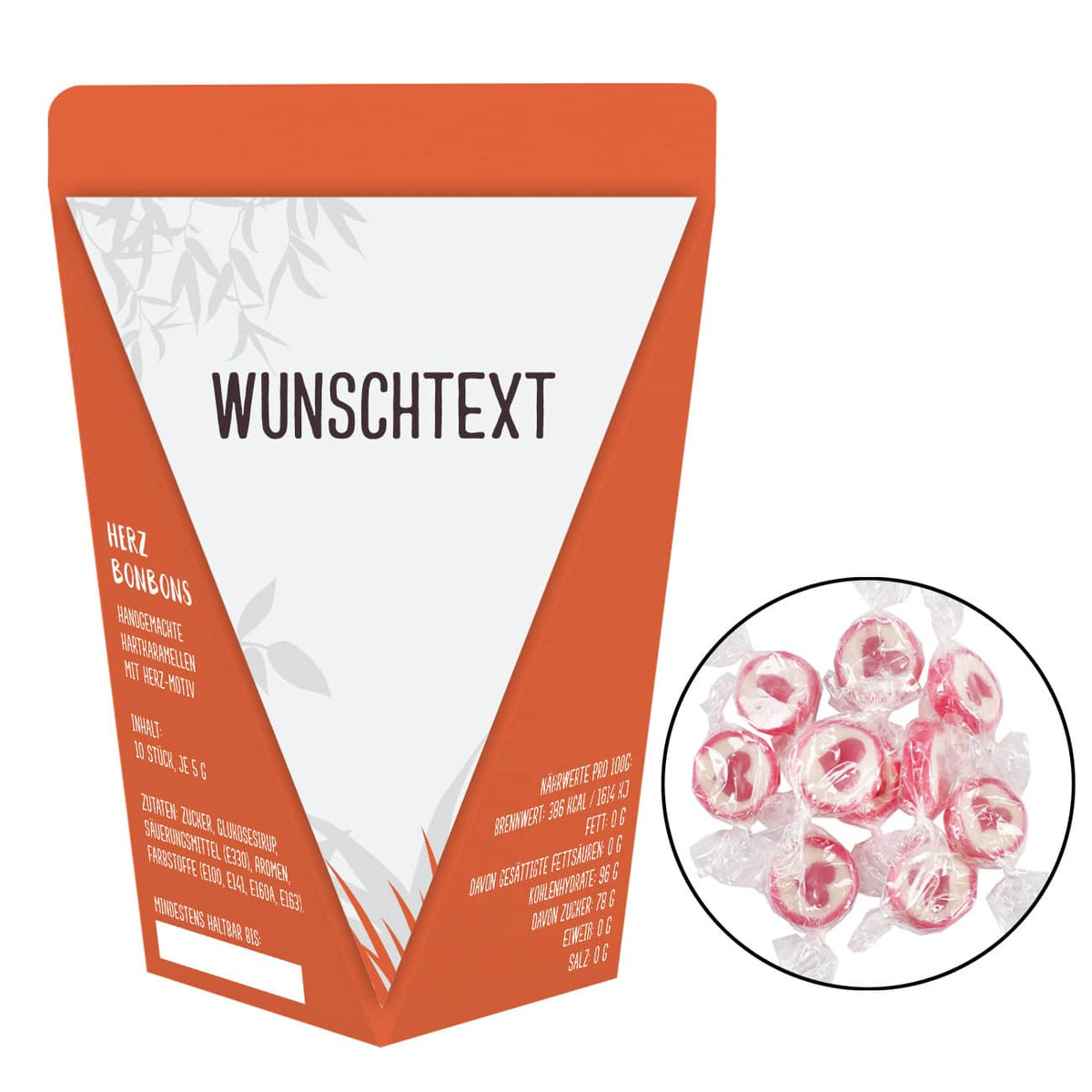 Bedruckt mit Wunschtext und befüllt mit Herz-Bonbons