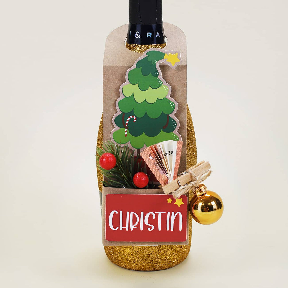 Flaschenanhänger zu Weihnachten für Geldgeschenke mit Name nach Wunsch