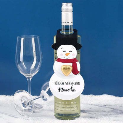 Schneemann-Flaschenanhänger mit Schokoladenherz und Name