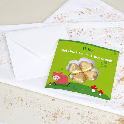 Glückwunschkarte mit Lindt Schokoladen-Kleeblatt und Wunschtext