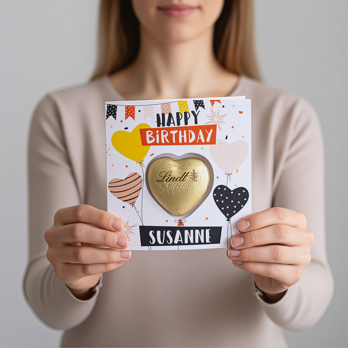 Glückwunschkarte "Happy Birthday" mit Lindt-Schokoherz und Wunschnamen personalisiert