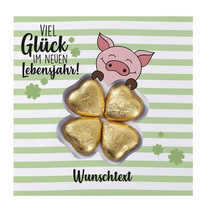 Viel Glück - Klappkarte mit Schoko-Kleeblatt und Ihrem Wunschnamen