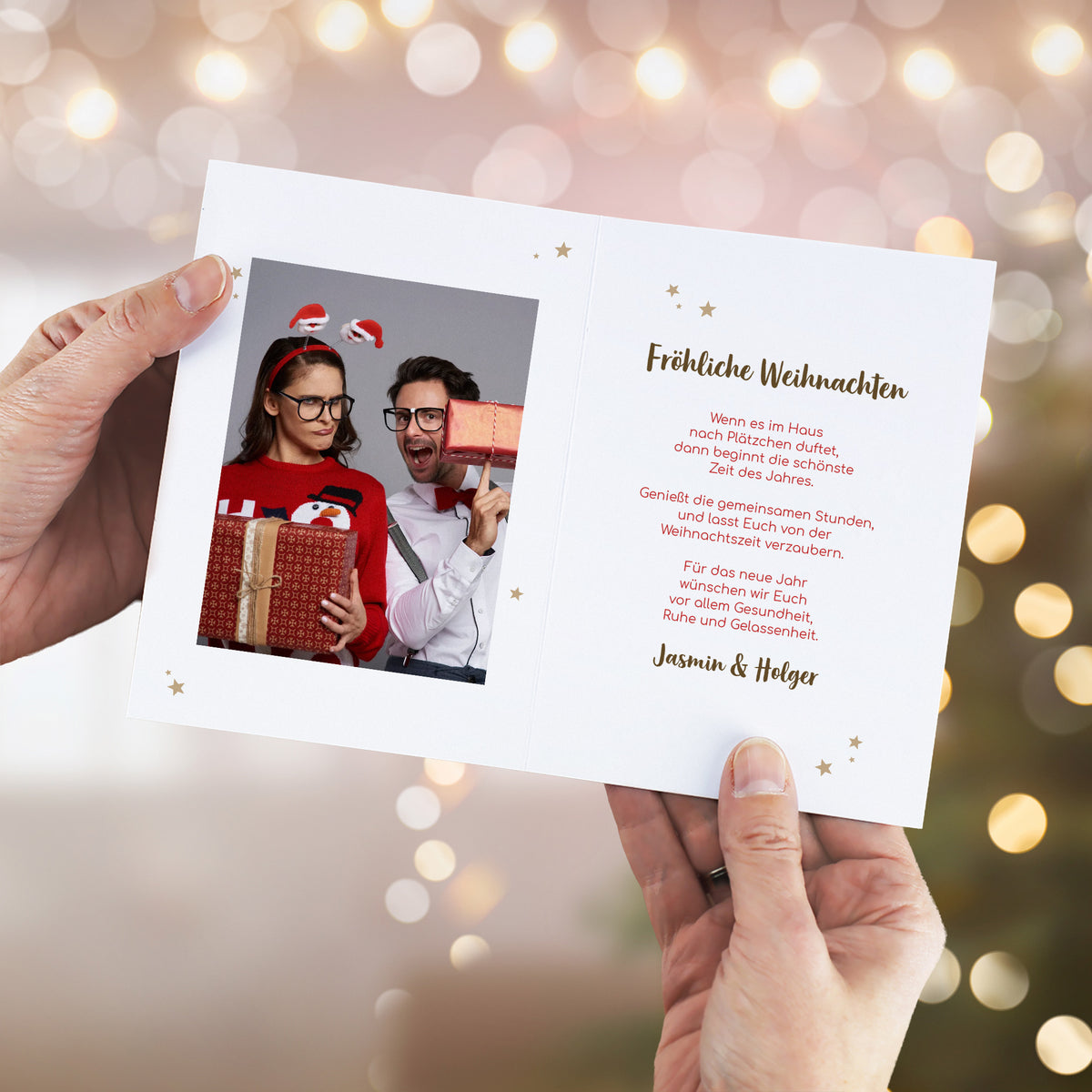 Innenansicht der Weihnachtskarte mit Foto links und individuellem Wunschtext rechts