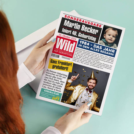 Personalisierte XL Geburtstagszeitung Karte | A4 Klappkarte mit 4 Fotos