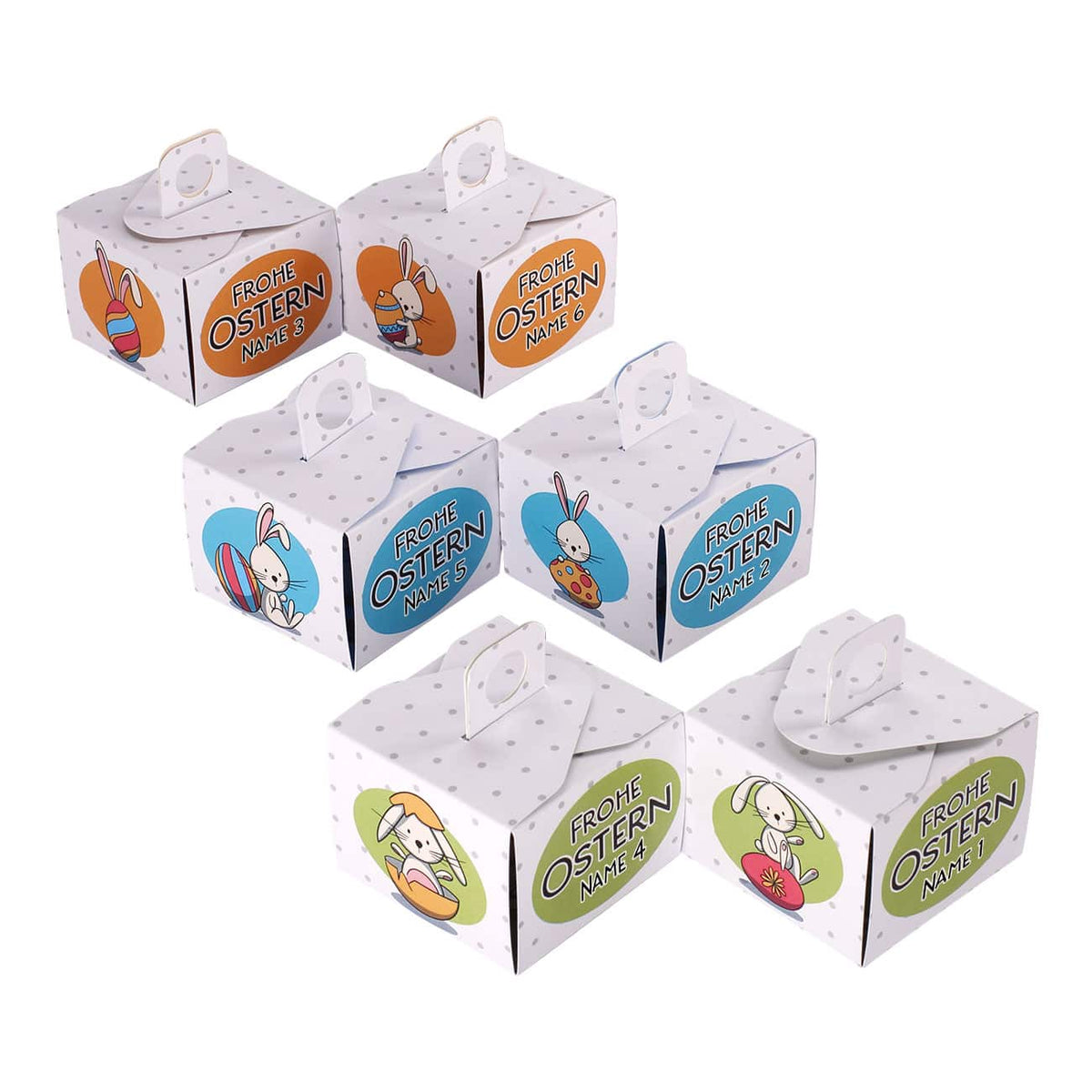 Kleine Ostergeschenkverpackungen mit Osterhasen und Wunschnamne bedruckt