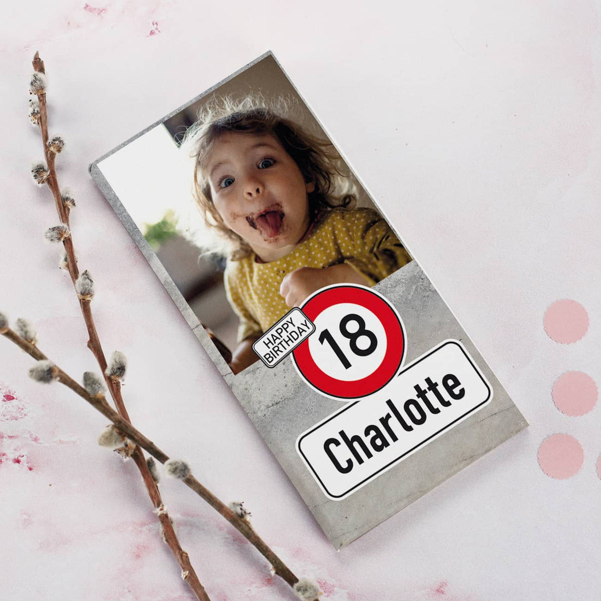 Foto-Schokolade mit Verkehrszeichen, Foto, Alter & Name zum Geburtstag