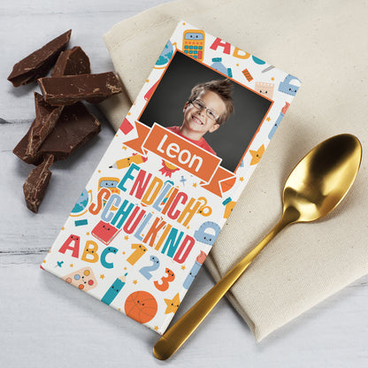 Endlich Schulkind - Schokolade zur Einschulung personalisierbar mit Foto und Wunschname