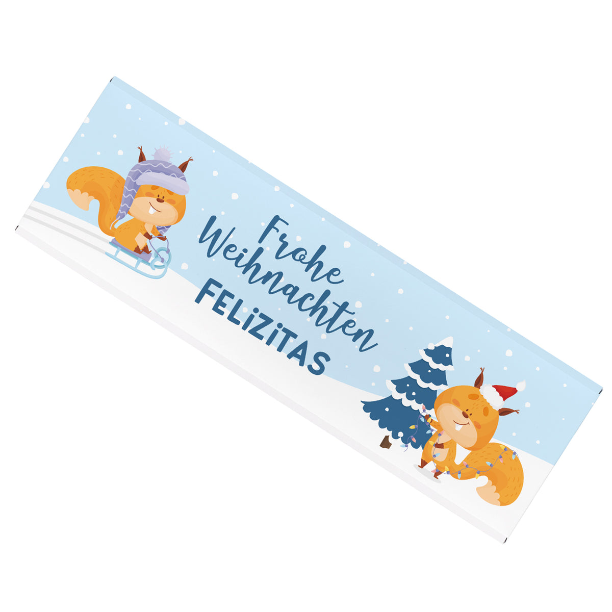 Flach liegende Schokoladentafel mit winterlichem Eichhörnchen-Design und personalisiertem Namensaufdruck Felizitas.