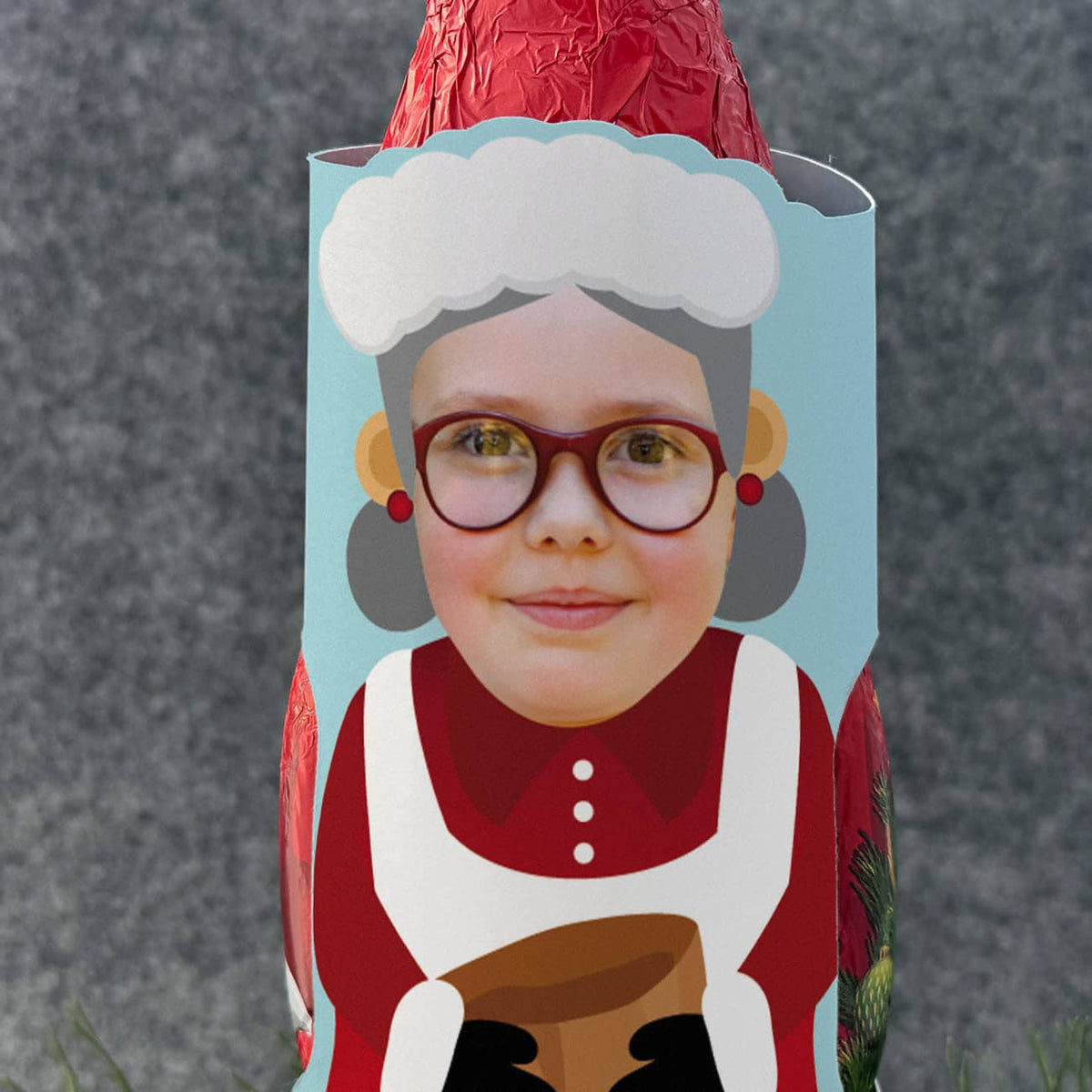 Schokoladen-Weihnachtsfrau mit Ihrem Foto