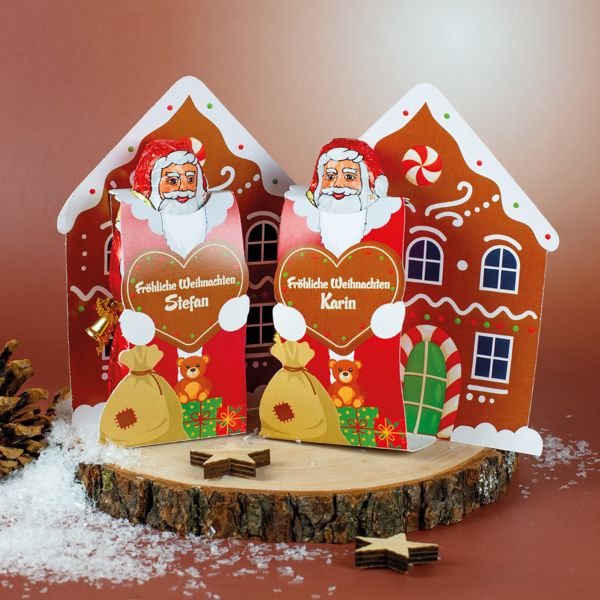 Lindt-Weihnachtsmann mit Lebkuchenhaus-Banderole mit Name