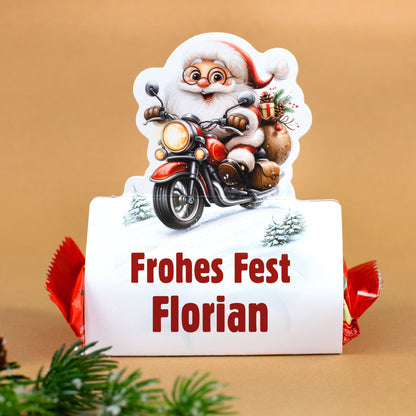 Mini-Stollen als Weihnachtsgeschenk mit Weihnachtsmann auf Motorrad und personalisiertem Text „Frohes Fest Florian“