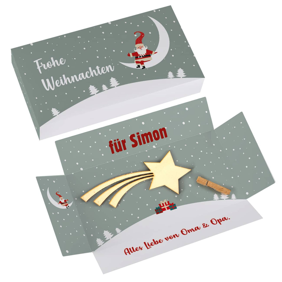 Explosionsbox für Geldgeschenke zu Weihnachten mit Wunschtext und Sternschnuppe