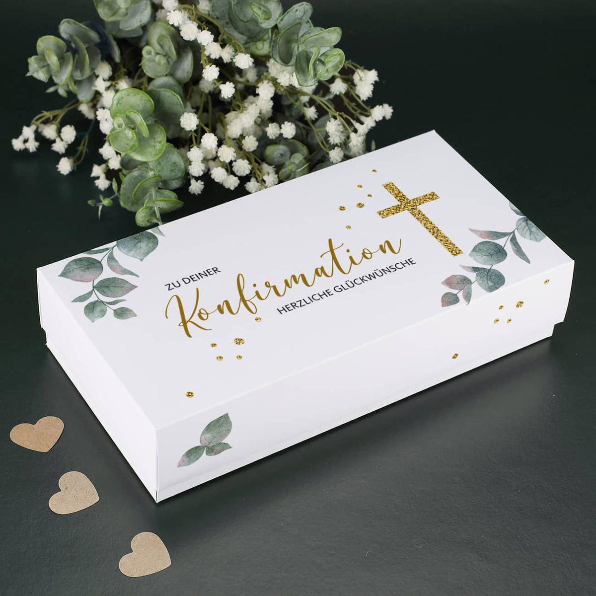 Geldgeschenk zur Konfirmation, Explosionsbox mit Kreuz und Blättern