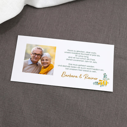 Hochzeitseinladung - Ziehkarte mit zwei Fotos zur Goldhochzeit mit Wunschdaten