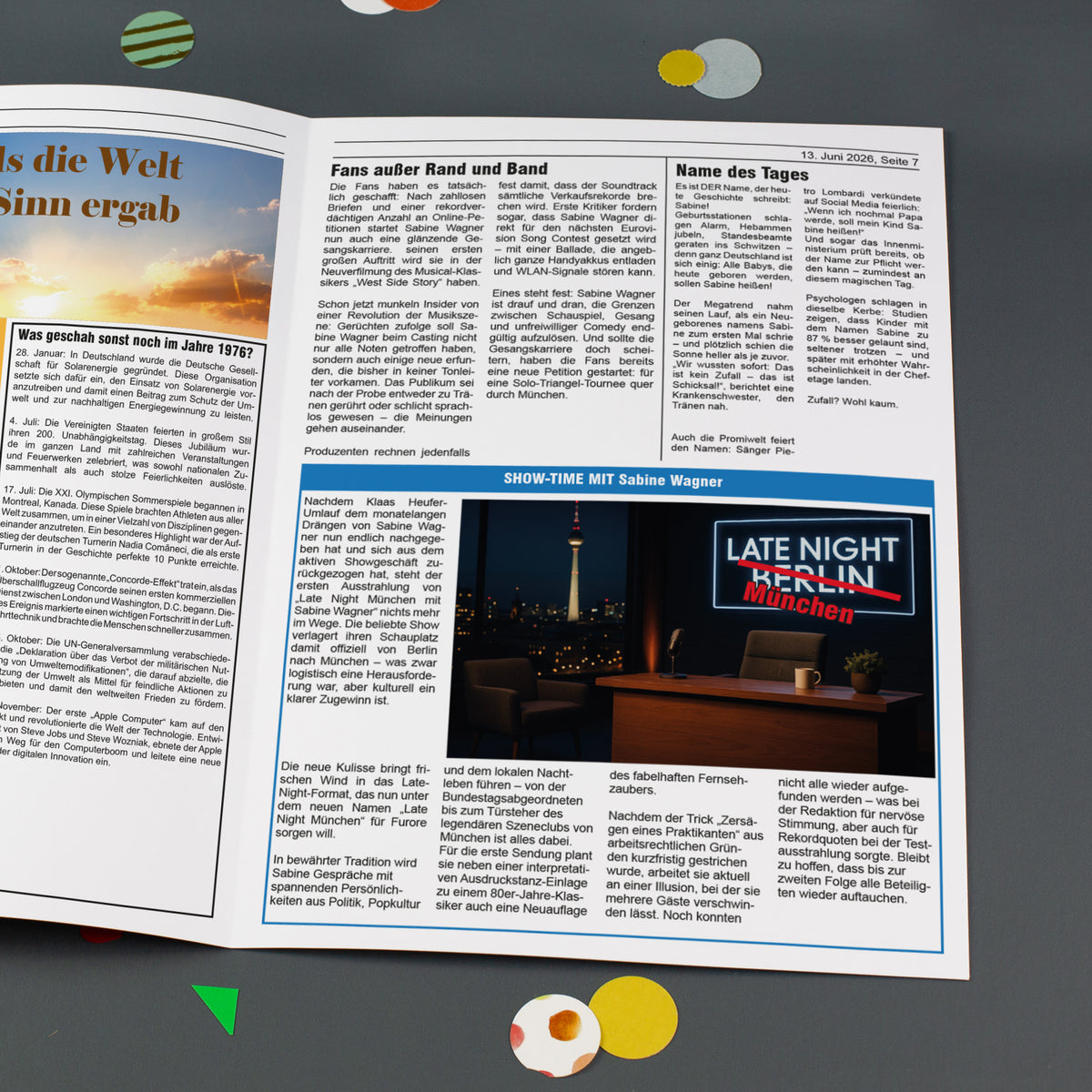 Innenseite der Zeitung mit Artikeln, Interview und Schlagzeilen im Magazin-Stil
