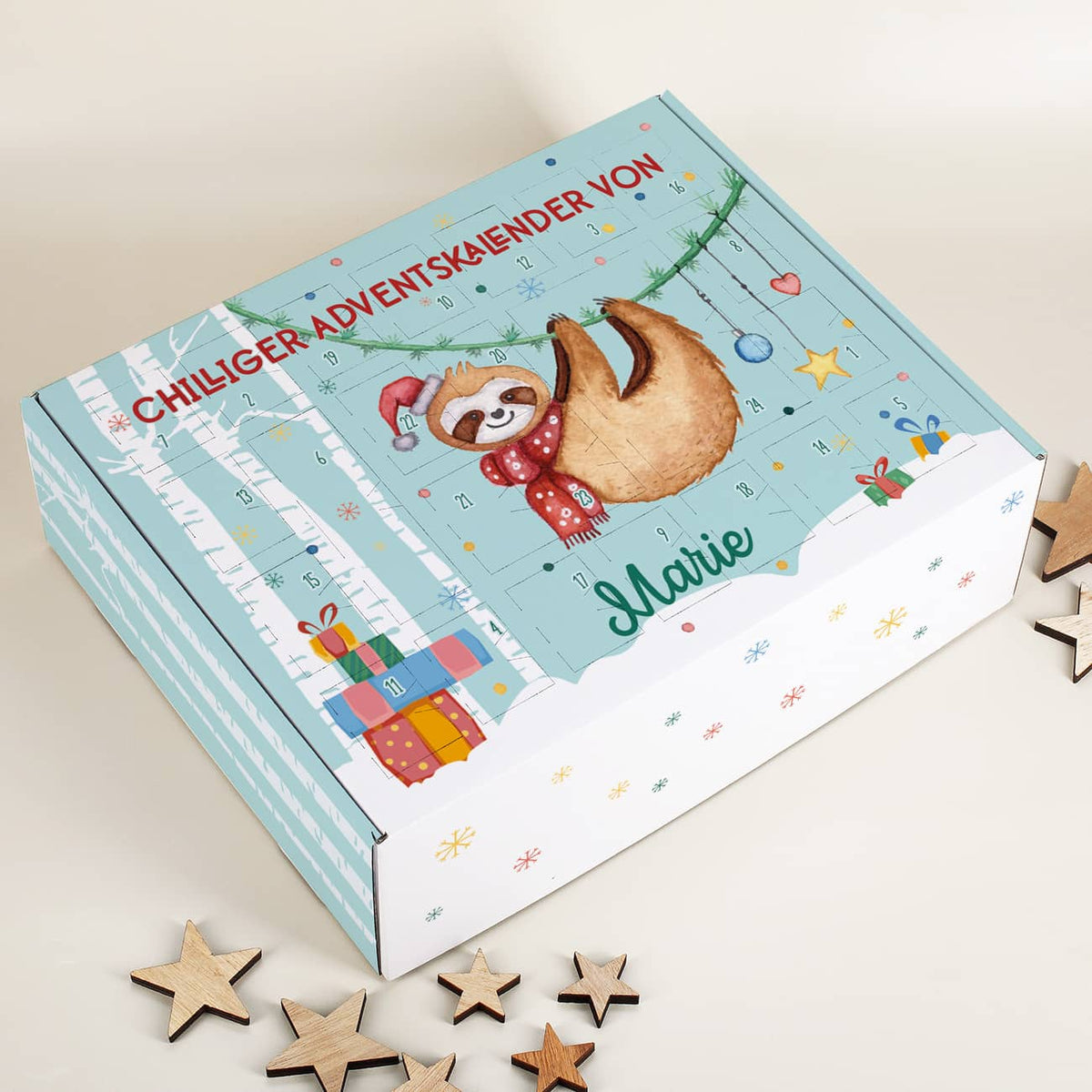 DIY Faultier - Adventskalender mit Name und Wunschtext bedruckt