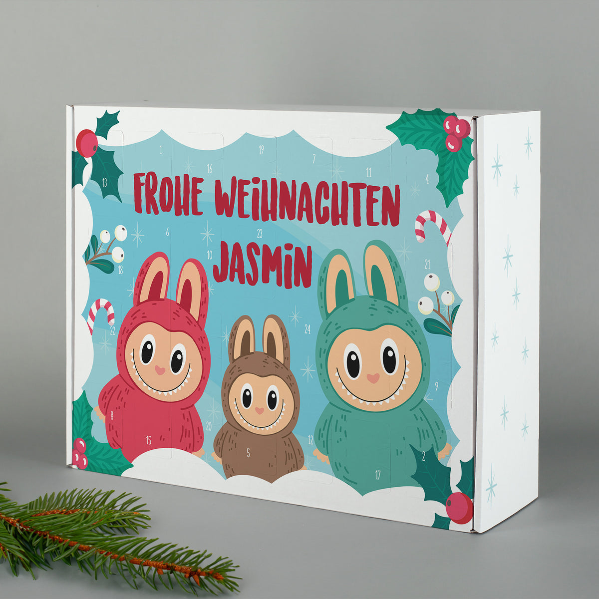 Adventskalender mit süßem Monstermotiv und Frohe-Weihnachten-Schriftzug, personalisiert mit Name