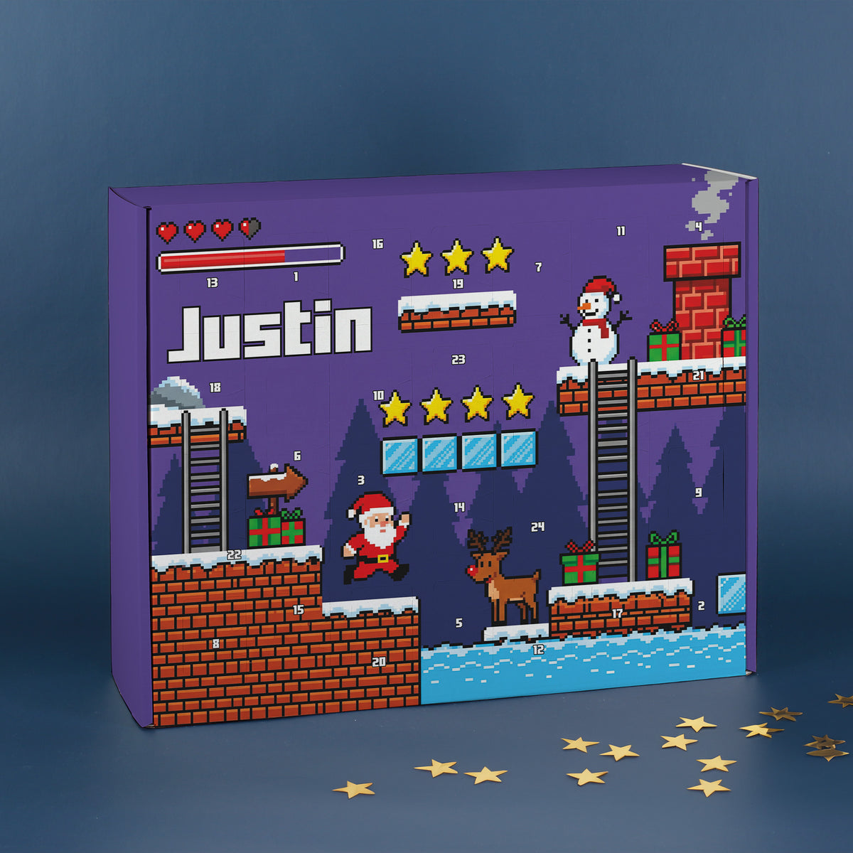 Personalisierter Adventskalender mit Name Justin im 8-Bit-Stil für Gamer und Retro Gaming Fans
