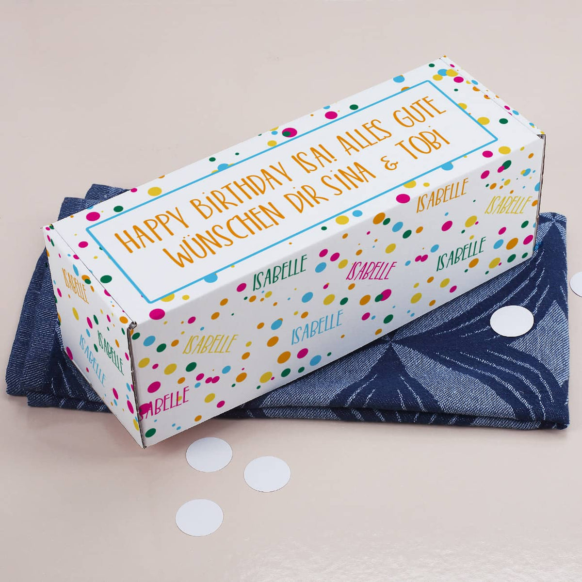 Geschenkbox mit Konfetti, Name und Wunschtext