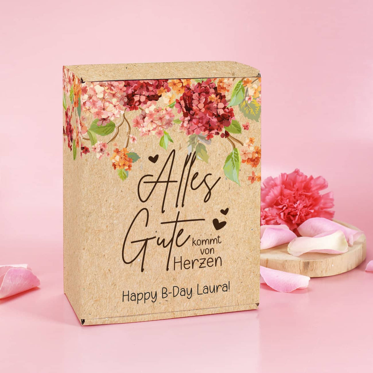 Handliche Geschenkverpackung mit tollen Hortensienblüten, Spruch und Wunschtext