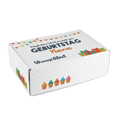 Bunte Geschenkverpackung zum Geburtstag mit Name und Wunschtext