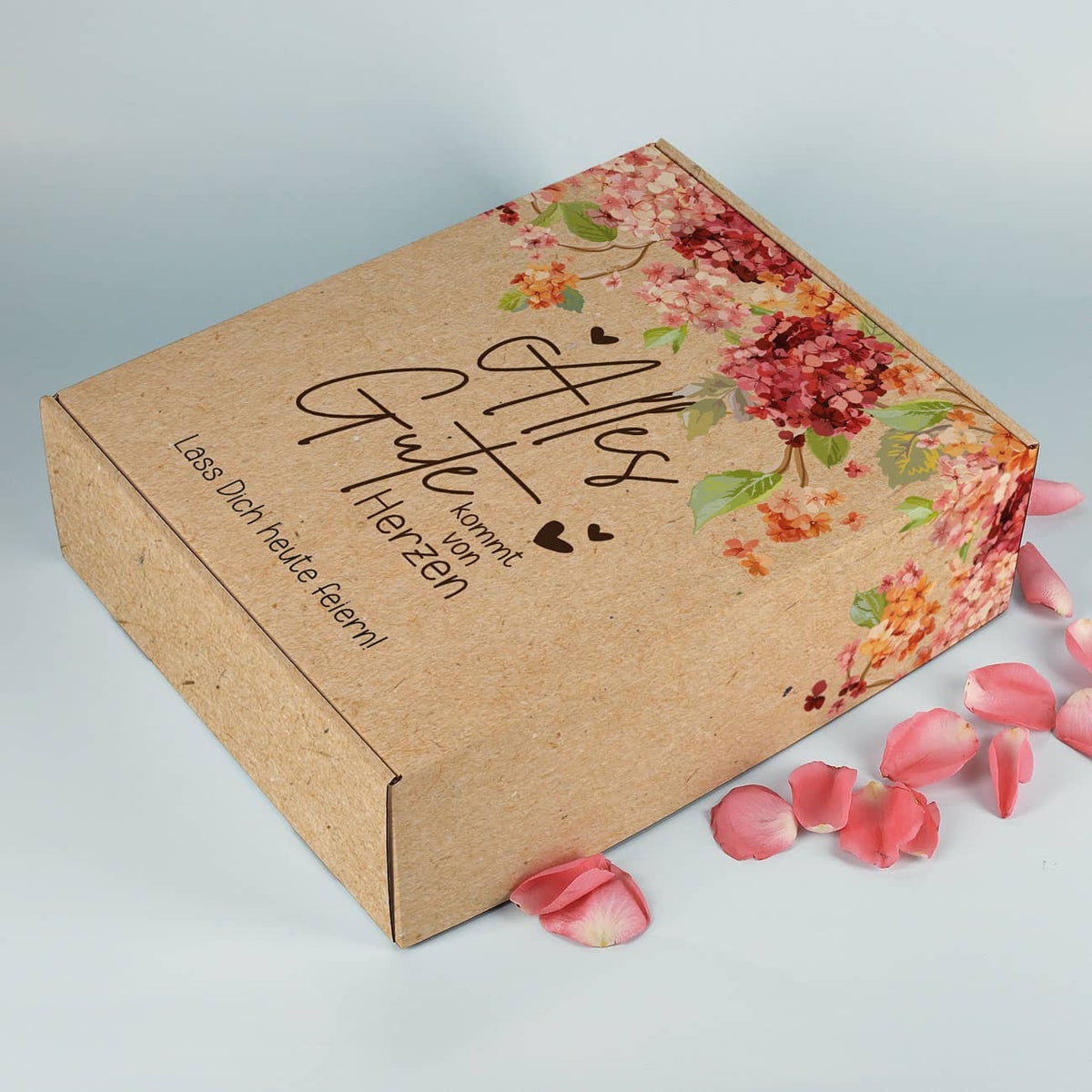 Individuelle große Geschenkverpackung mit eigener Beschriftung, Spruch und tollen Hortensienblüten-Motiv