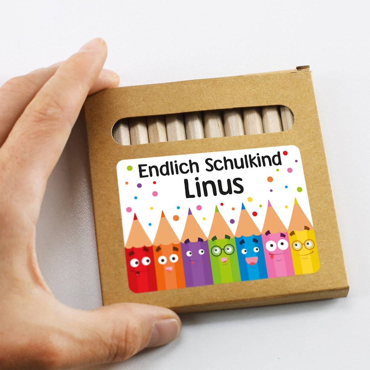 Personalisierte Buntstiftverpackung für den Schulanfang