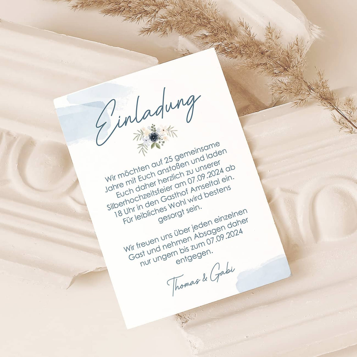 Einladungskarte Silberhochzeit mit Text auf Rückseite
