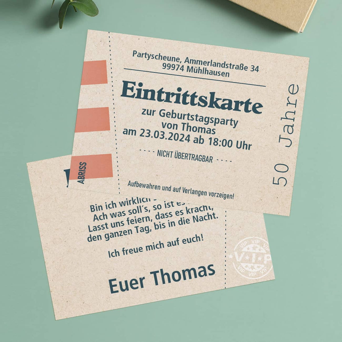 Geburtstagseinladung gestaltet als Eintrittskarte mit Personalisierung
