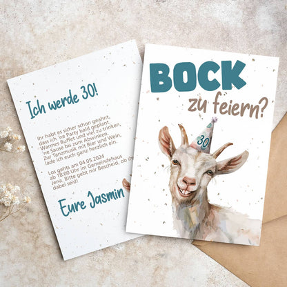 Witzige Einladungskarte mit Bock als Motiv