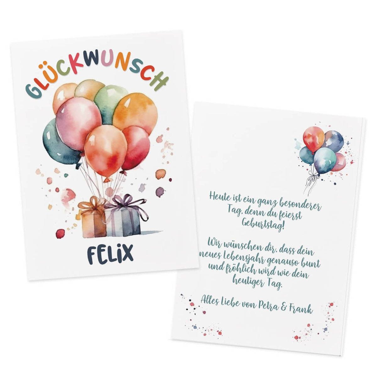 Postkarte Glückwunschkarte mit Luftballons - Name und Wunschtext