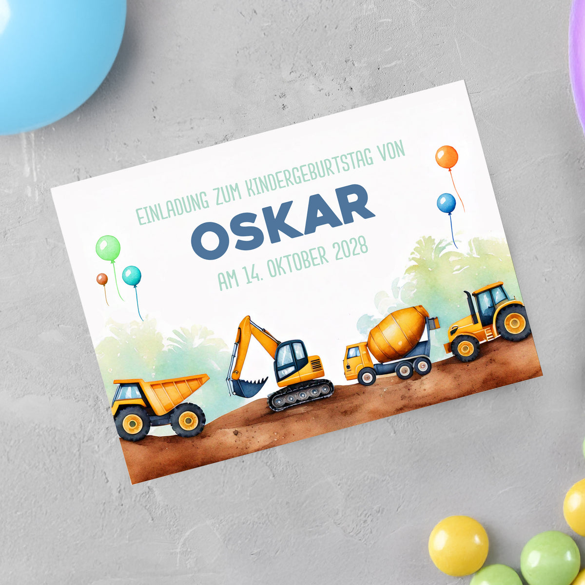 Einladungskarte zum Kindergeburtstag im Bagger und Baustellen Design mit Wunschdaten