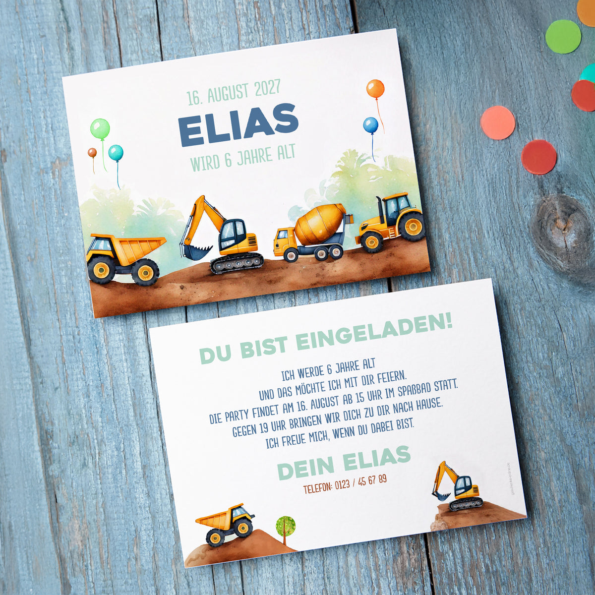 Einladungskarte zum Kindergeburtstag im Bagger und Baustellen Design mit Wunschdaten