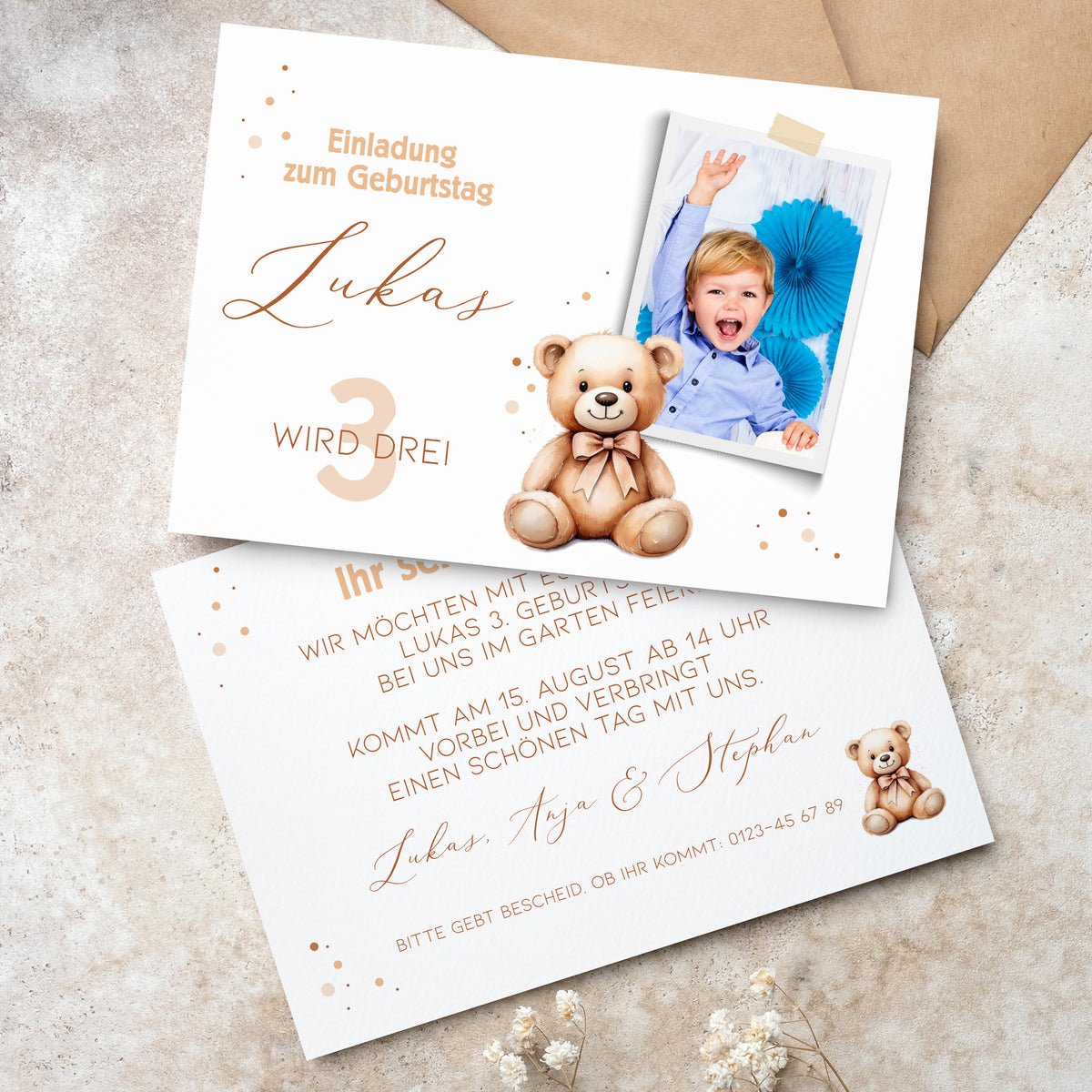 Teddybär Einladungskarte zum Kindergeburtstag mit Foto und Wunschdaten