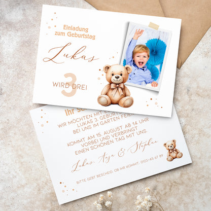 Teddybär Einladungskarte zum Kindergeburtstag mit Foto und Wunschdaten