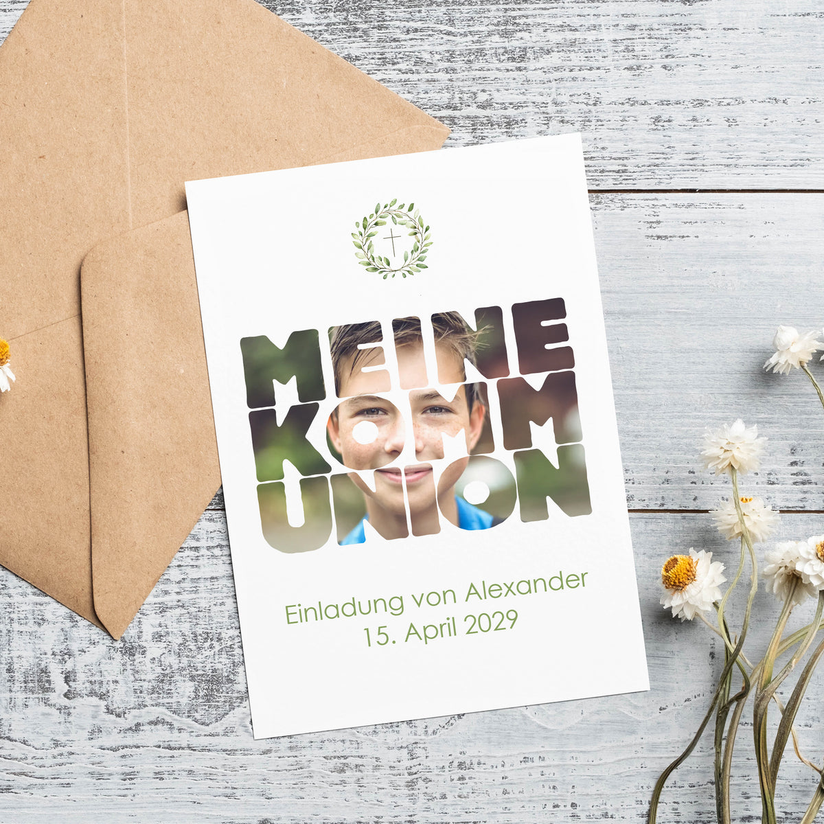 Personalisierte Einladungskarte zur Kommunion mit Foto & Wunschdaten | Eukalyptus