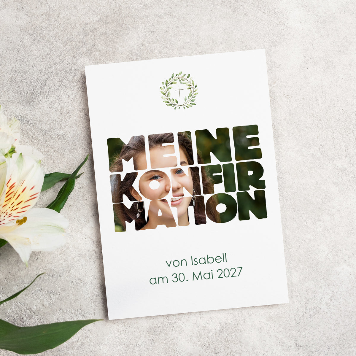 Personalisierte Einladungskarte zur Konfirmation mit Foto & Wunschdaten | Eukalyptus