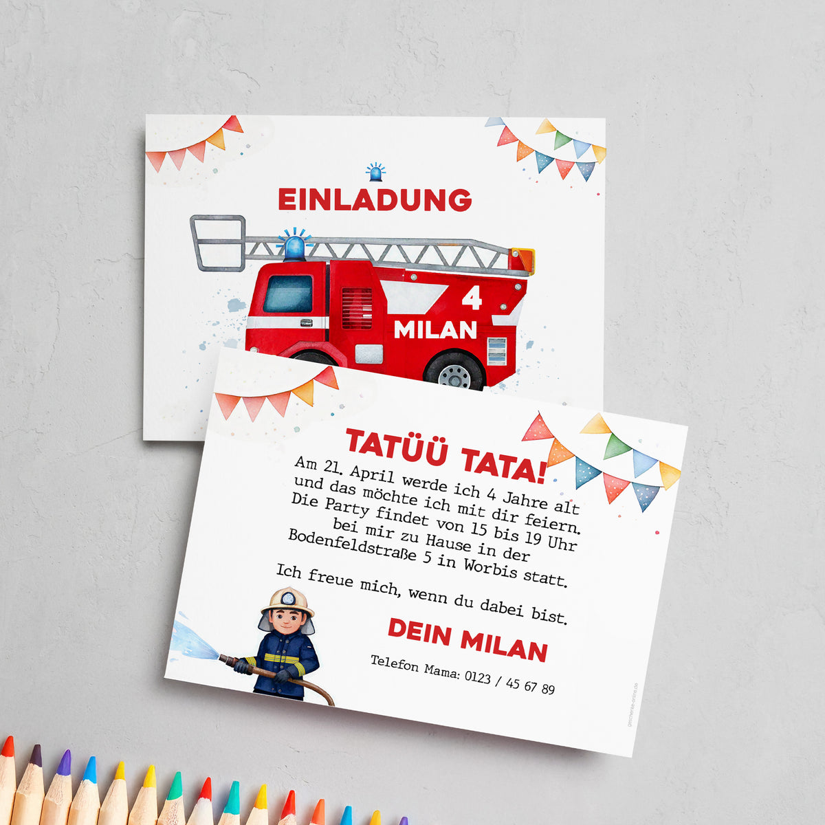 Einladungskarte zum Kindergeburtstag zur Feuerwehr-Party mit Wunschdaten