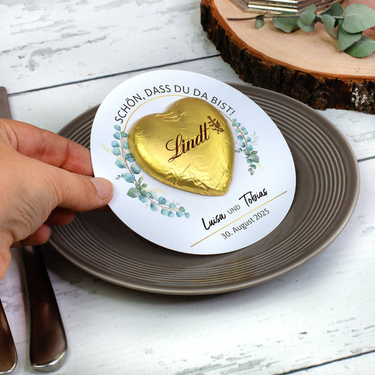 Gastgeschenk - Bedruckte Karte zur Hochzeit mit Lindtherzen